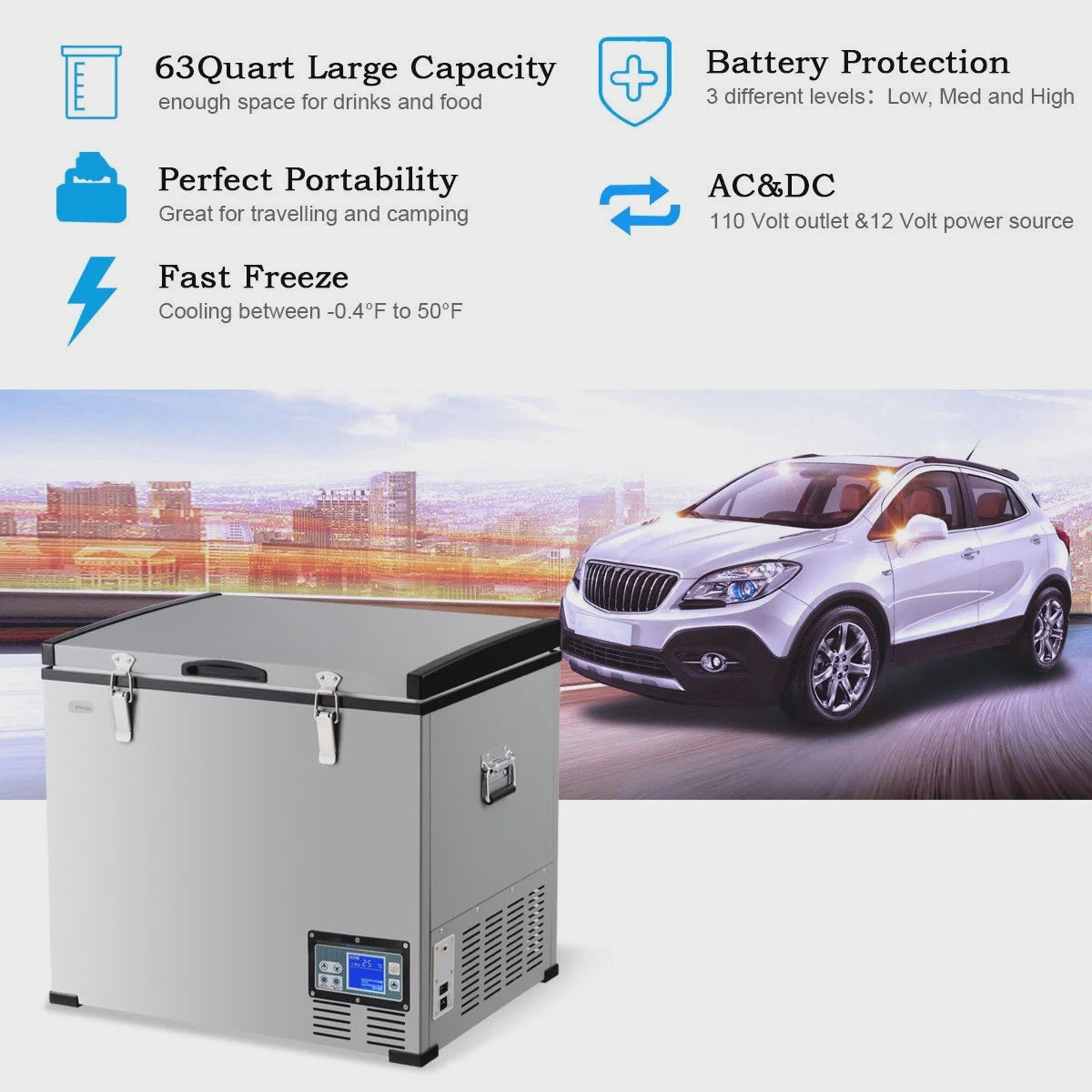 63-Quart Portable Electric Car Cooler Refrigerator / Freezer Compressor for RVs Camping