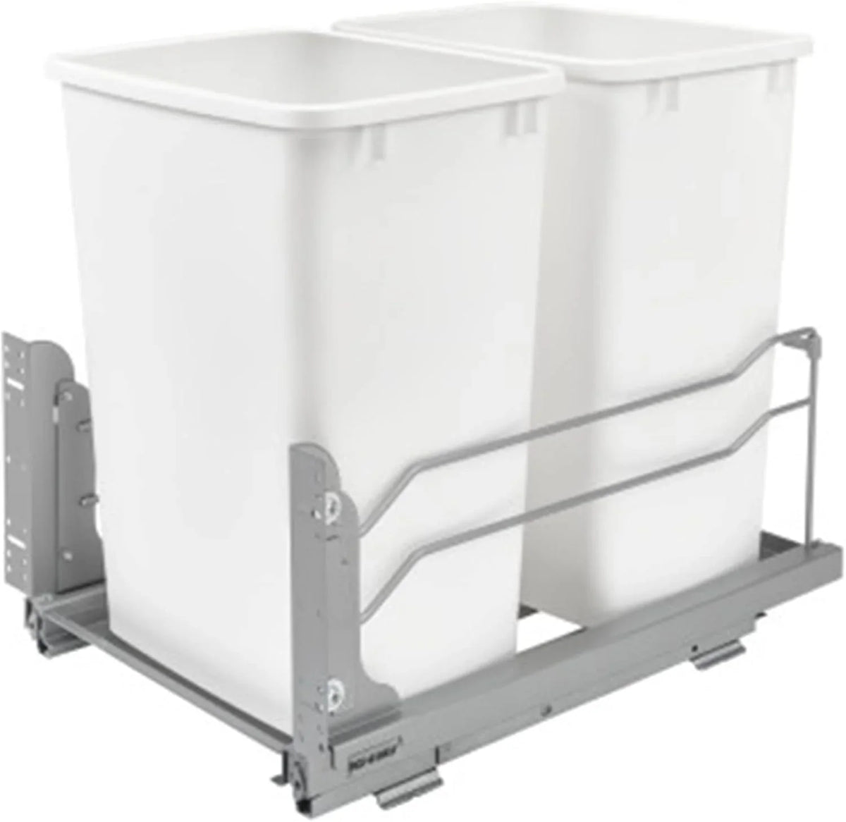 A double pull-out trash can suitable for the bottom of kitchen cabinets, with a capacity of 35 ounces (approximately 0.875 gallons), equipped with a gentle closing sliding mechanism, and in the color of Orison Gray.