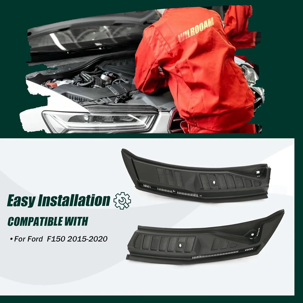 The front windshield wiper cover panel grille is compatible with the 2009 - 2014 models of F150. It features two front insert panels on both the left and right sides.