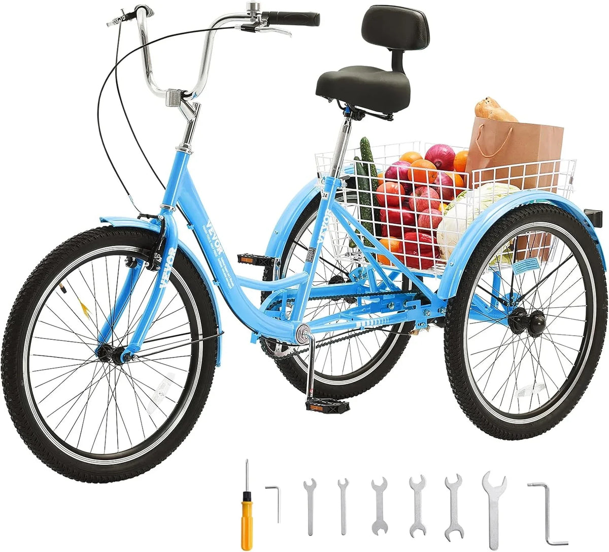 Adult tricycles, 20-inch tricycles, tricycle motorcycles, carbon steel leisure bicycles with baskets and adjustable seats, suitable for elderly, female and male picnic and shopping tricycles (yellow)