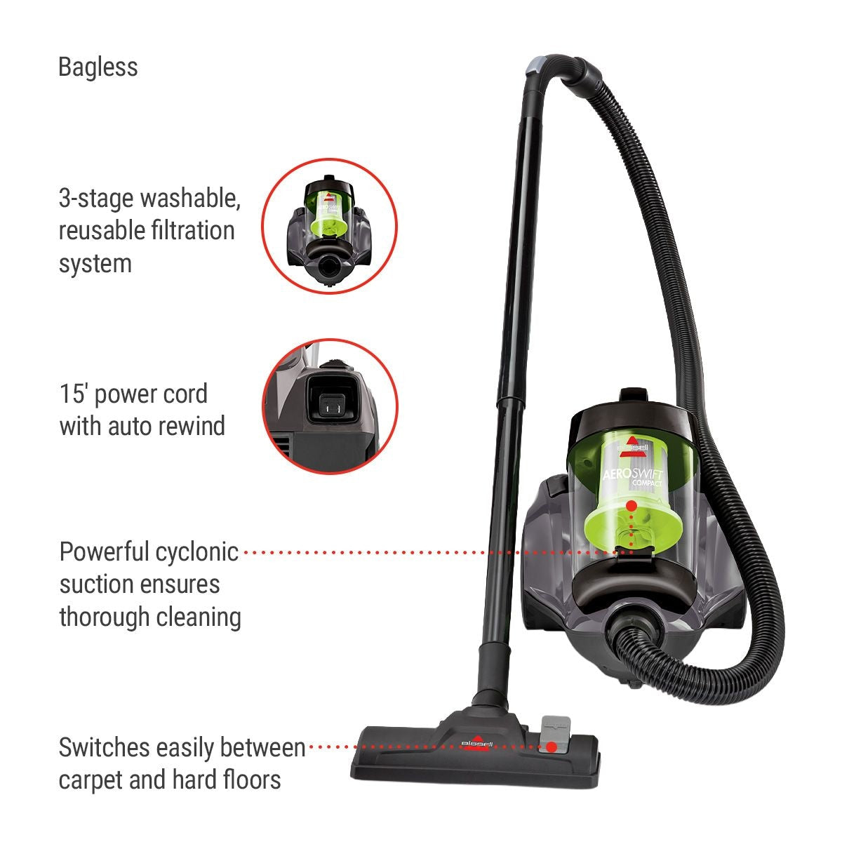 BISSELL AeroSwift Compact Lightweight Bagless Corded Canister Vacuum Cleaner