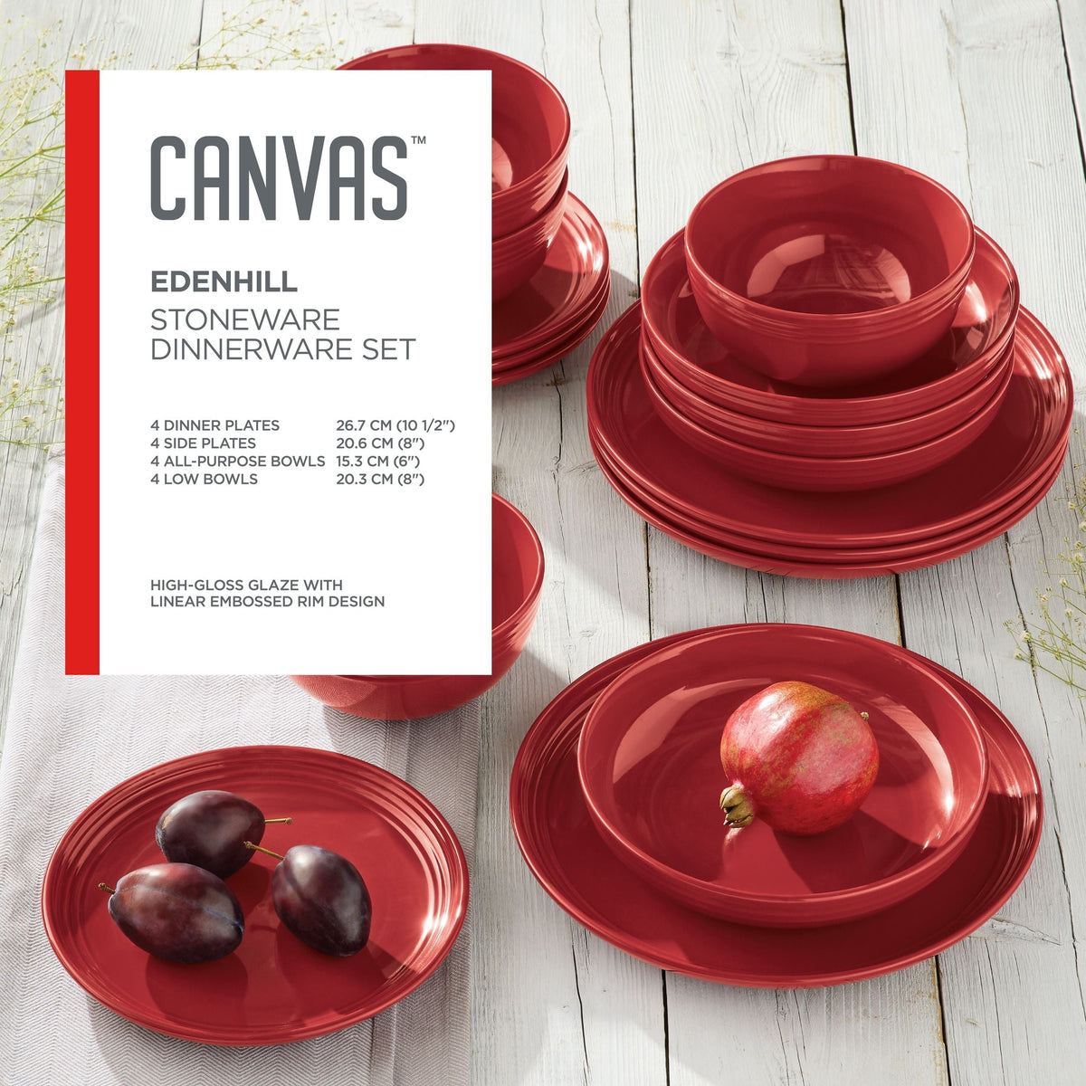 Edenhill Farmhouse Bistro Stoneware Dinnerware Set, Serves 4, 16-pc, Red