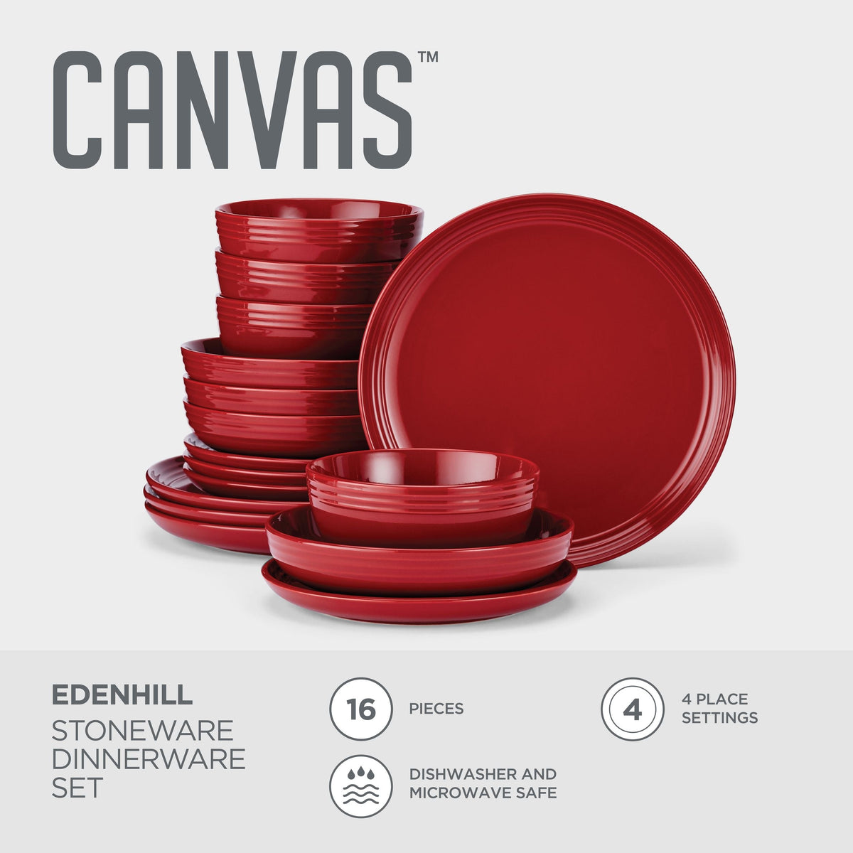 Edenhill Farmhouse Bistro Stoneware Dinnerware Set, Serves 4, 16-pc, Red