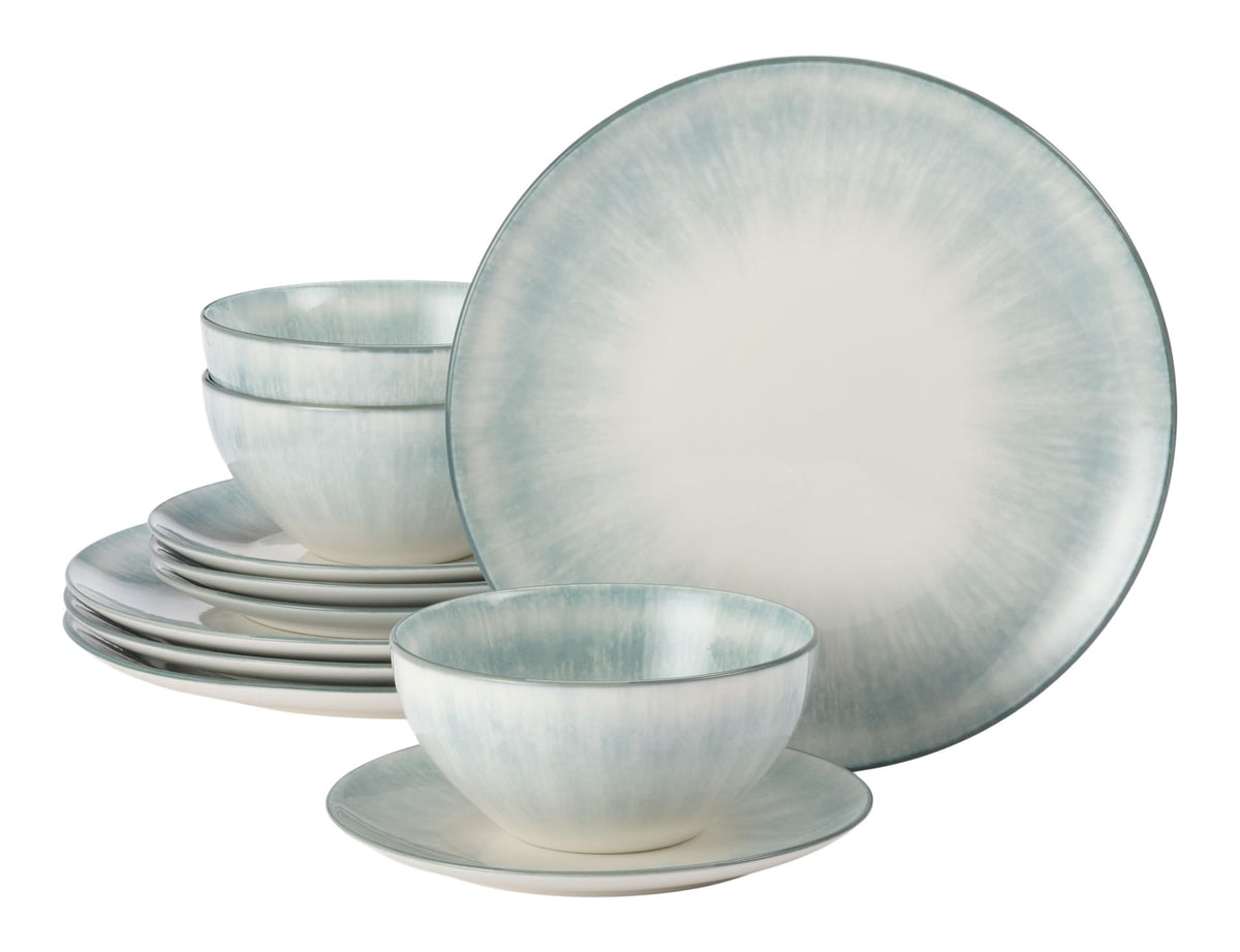 Porcelain Dinnerware Set, Serves 4, 12-pc, Sage Green Pad Print