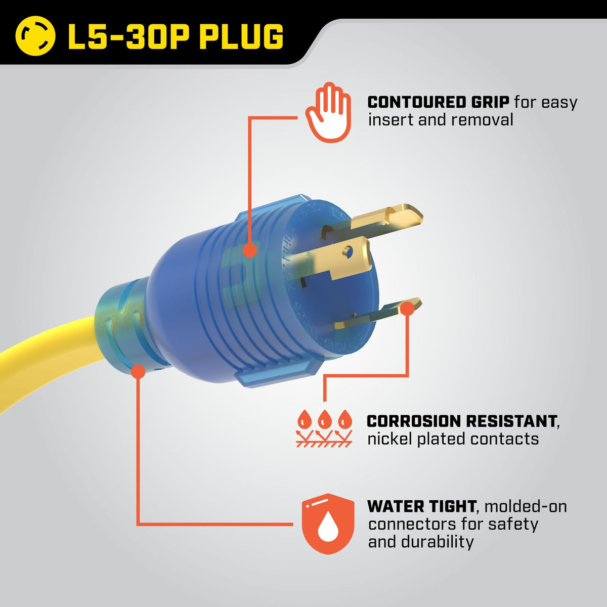 20A, 125V L5-30R Flat Design Generator Extension Cord, 25-ft