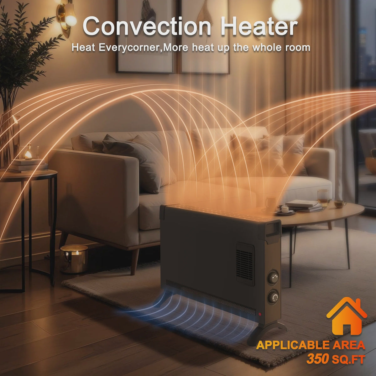 BREEZEHEAT 1500W panel space heater for bedroom, living room, home, 55-96F,knob control, 600 sq,with fan for fast heating