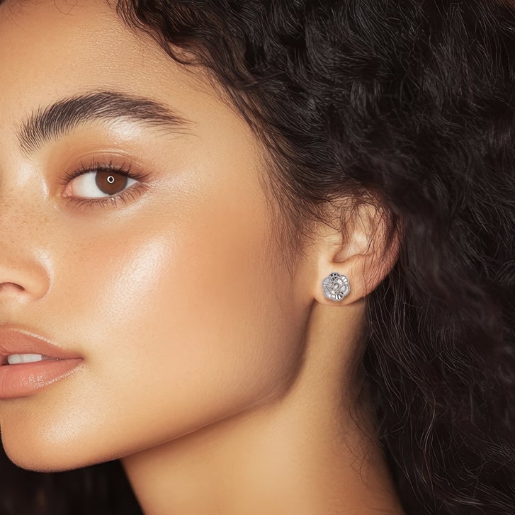 Diamond Cut Textured Flower Stud Earrings in White Gold