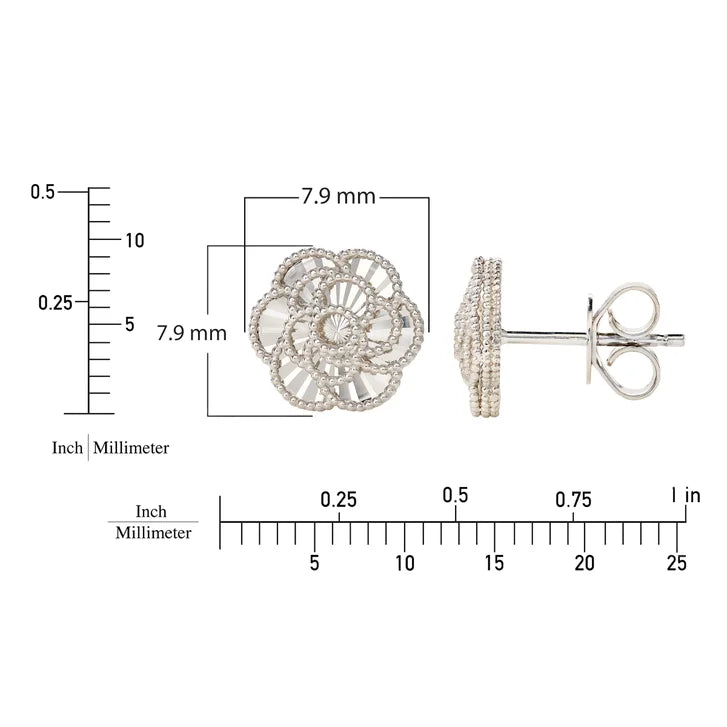 Diamond Cut Textured Flower Stud Earrings in White Gold