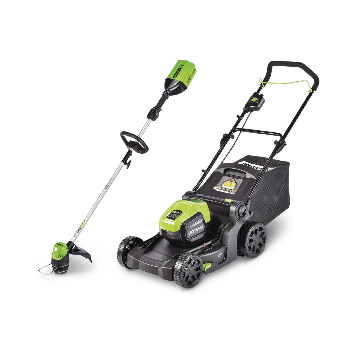 2-in-1 60V 4Ah Battery, Cordless Push Lawn Mower + String Trimmer, 17-in + 13-in