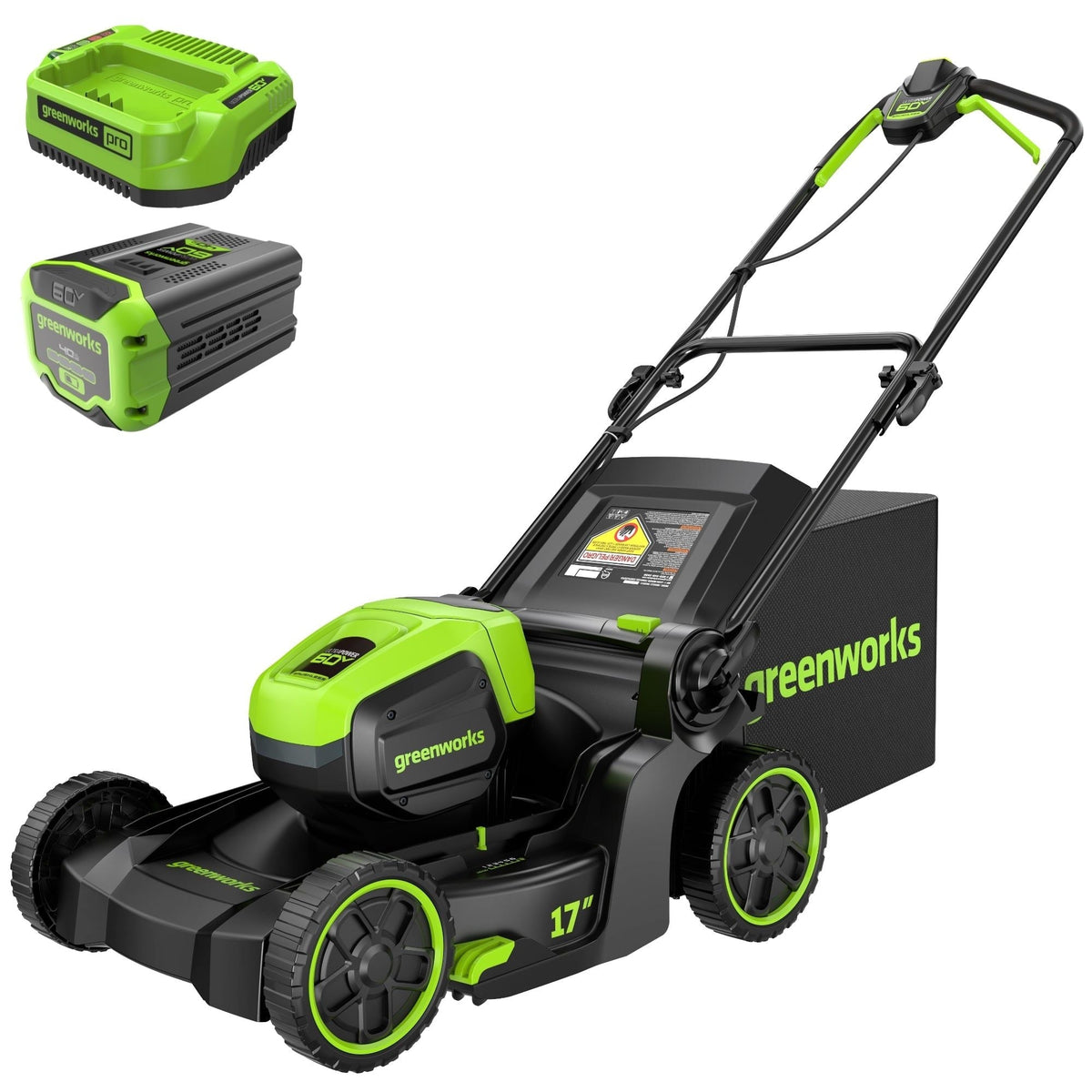 2-in-1 60V 4Ah Battery, Cordless Push Lawn Mower + String Trimmer, 17-in + 13-in