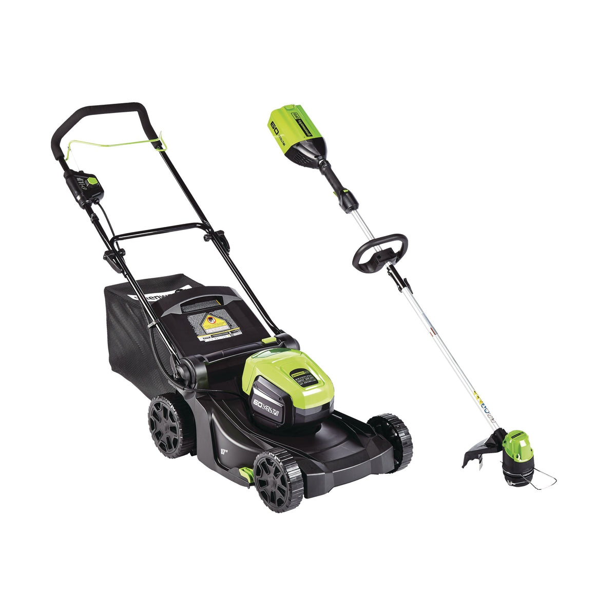 2-in-1 60V 4Ah Battery, Cordless Push Lawn Mower + String Trimmer, 17-in + 13-in
