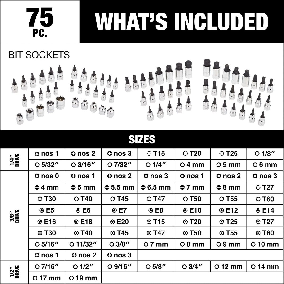 Professional Grade Bit Socket Set, 75-pc