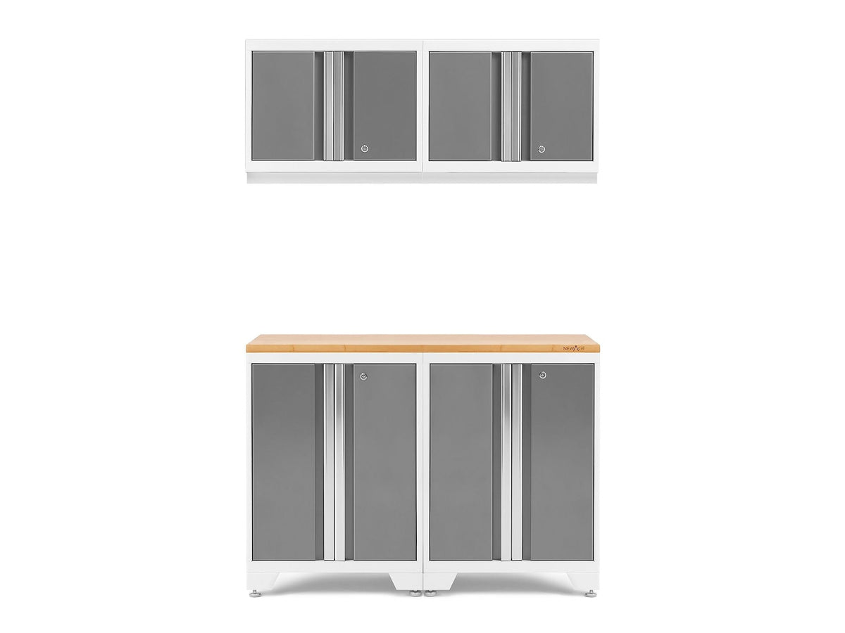 Bold 3.0 Series All-in-One Lockable Steel Garage Cabinetry Set with Bamboo Top, White/Platinum, 48-in x 18-in x 76.75-in, 5-pc
