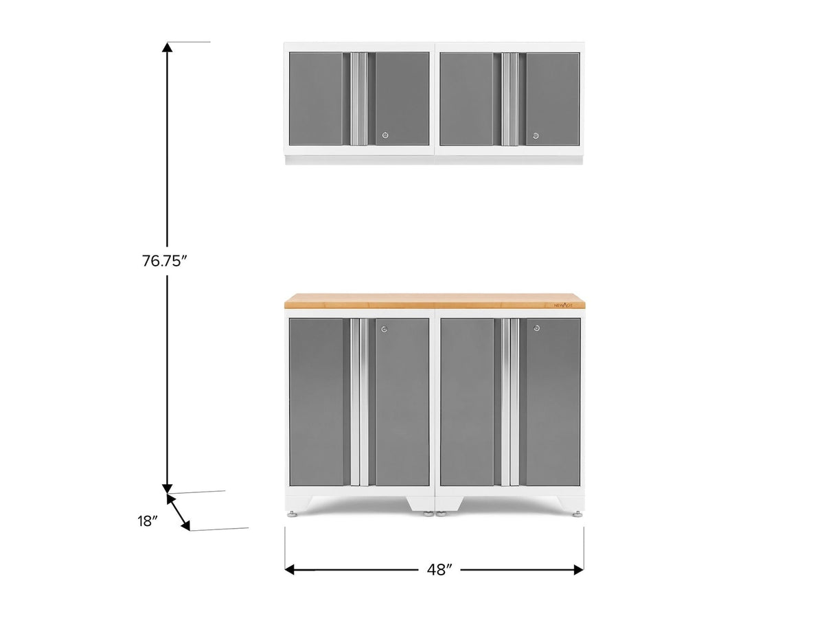 Bold 3.0 Series All-in-One Lockable Steel Garage Cabinetry Set with Bamboo Top, White/Platinum, 48-in x 18-in x 76.75-in, 5-pc