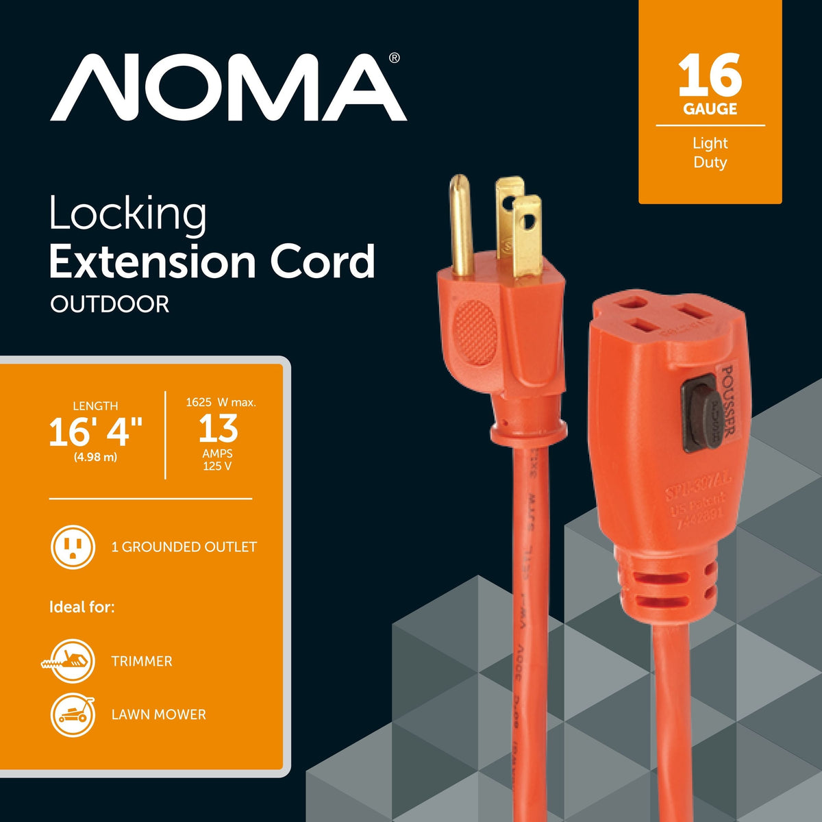 16/3 Outdoor Extension Cord with Grounded Outlet & Locking Connector, Orange
