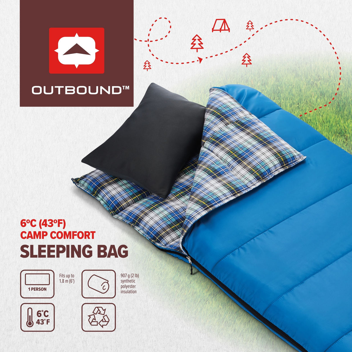 Comfort 5°C Insulated Cotton Lined Mild Weather Sleeping Bag with Compression Sack, Blue