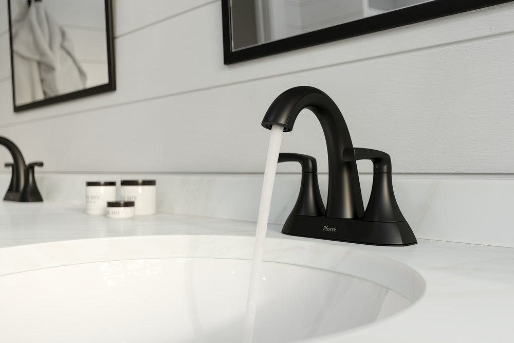 Rancho Double Handle 4-in Centreset Bathroom Sink Faucet Push & Seal Drain, WaterSense Certified, Matte Black