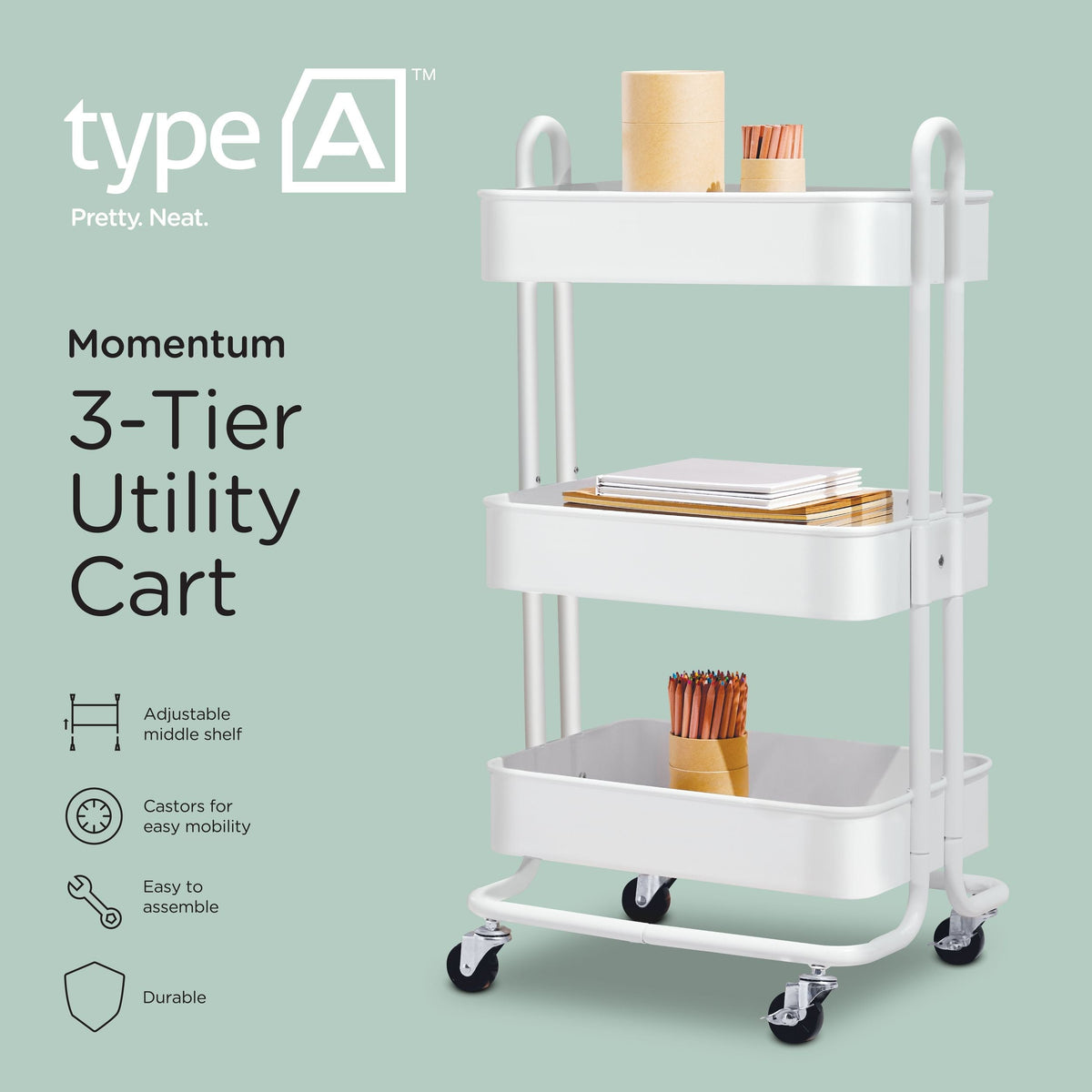 Momentum Steel 3-Tier Utility Cart with 4 Wheels, White