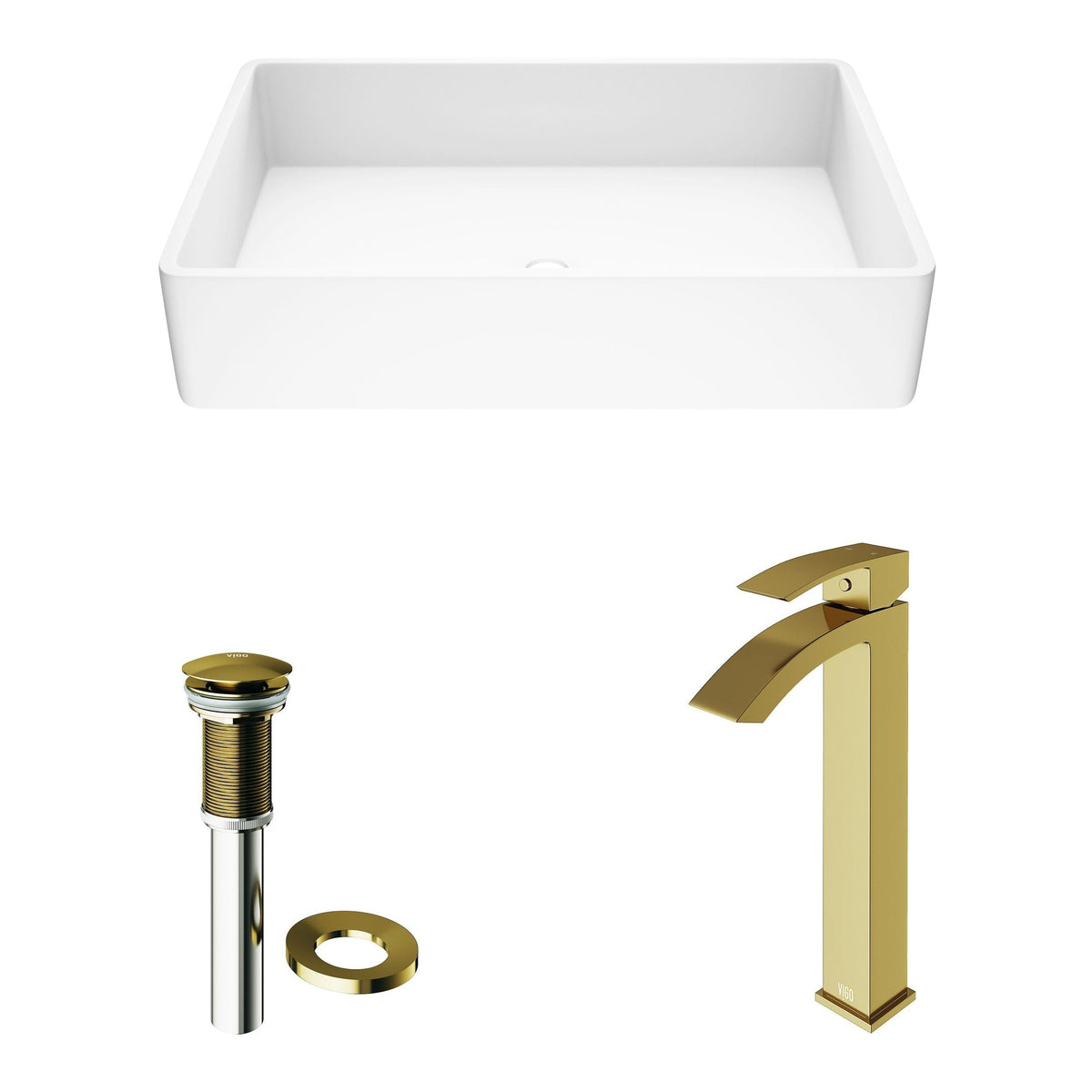 Magnolia White Bathroom Sink/Basin Set with Matte Gold Duris Faucet and Rectangular Composite Vessel