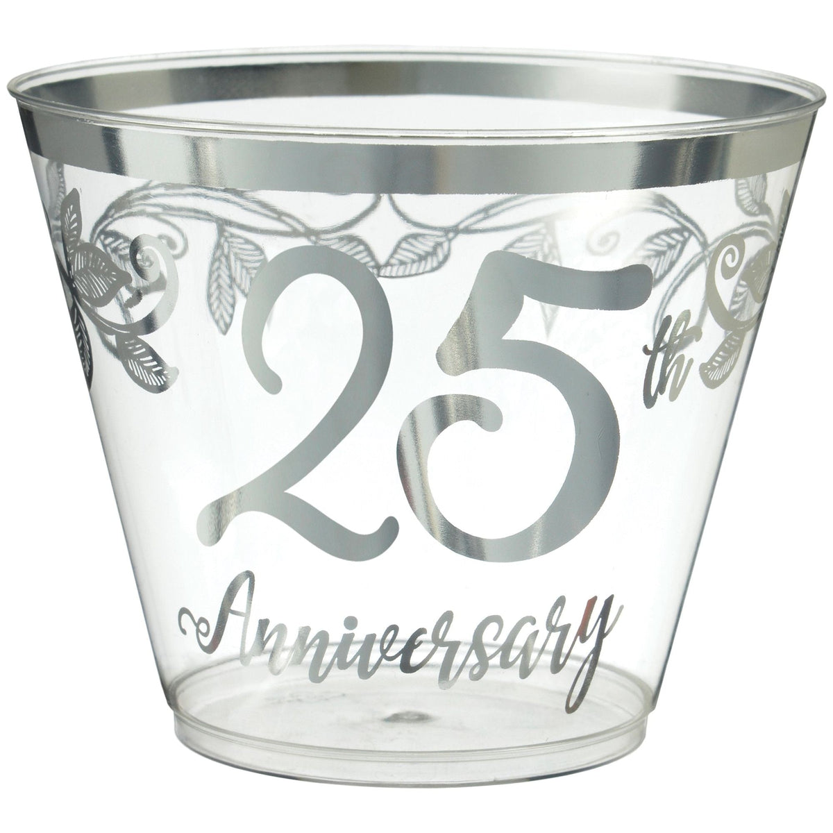 "25th Anniversary" Bordered Trimmed Plastic Reusable Tumbler Cups, Clear/Silver, 9-oz, 30-pk, for Anniversary Party