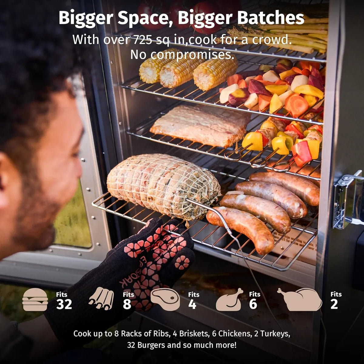30-inch electric oven | Built-in meat detector and outdoor-specific stand | Up to 6 times longer baking time, adjustable side spice loader | With a 725 square inch cooking area, it can achieve more baking effects