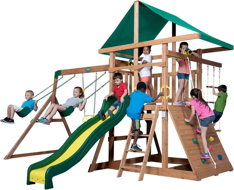Mount Mckinley Cedar Wood Swing Set with Wave Slide, Play Deck, Double Rock Wall, Rope Ladder, Web Swing, Belt Swings, Toy Telescope, Steering Wheel, Sandbox Area, Outdoor Playset E9133