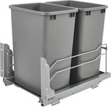 A double pull-out trash can suitable for the bottom of kitchen cabinets, with a capacity of 35 ounces (approximately 0.875 gallons), equipped with a gentle closing sliding mechanism, and in the color of Orison Gray.