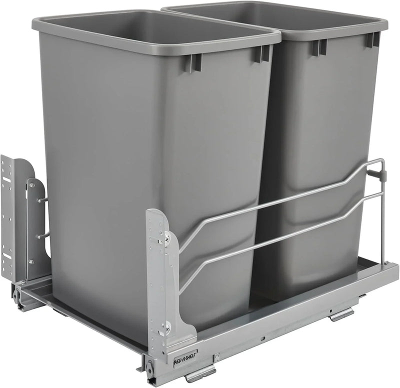 A double pull-out trash can suitable for the bottom of kitchen cabinets, with a capacity of 35 ounces (approximately 0.875 gallons), equipped with a gentle closing sliding mechanism, and in the color of Orison Gray. N9215