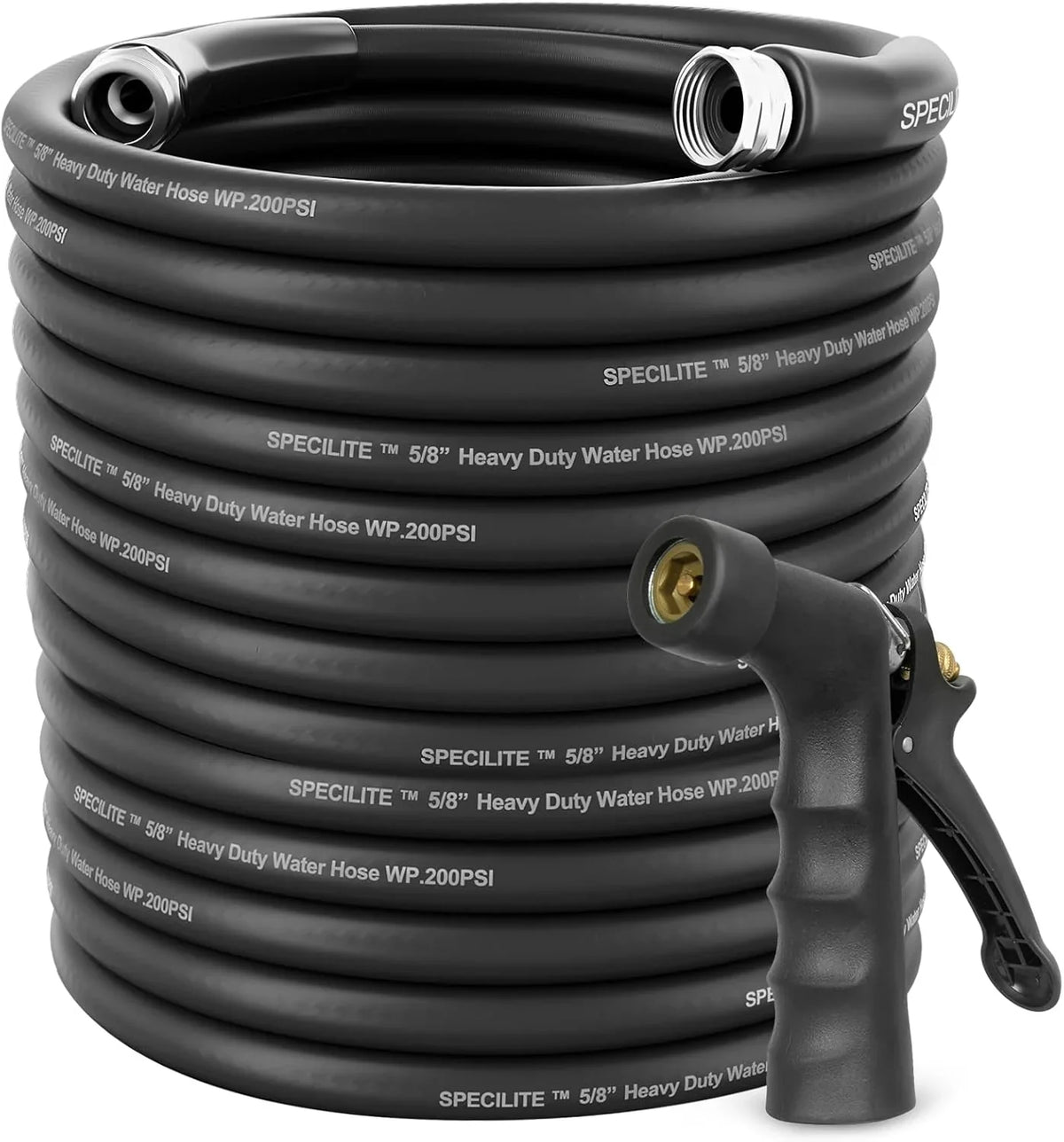 3/4" Hot/Cold Garden Hose 200 ft with Industrial High Pressure Nozzle, Flexible & Lightweight, 600psi Burst Rubber Water hose -50℉-158℉ With 3/4" Brass Fittings for Yard, Black