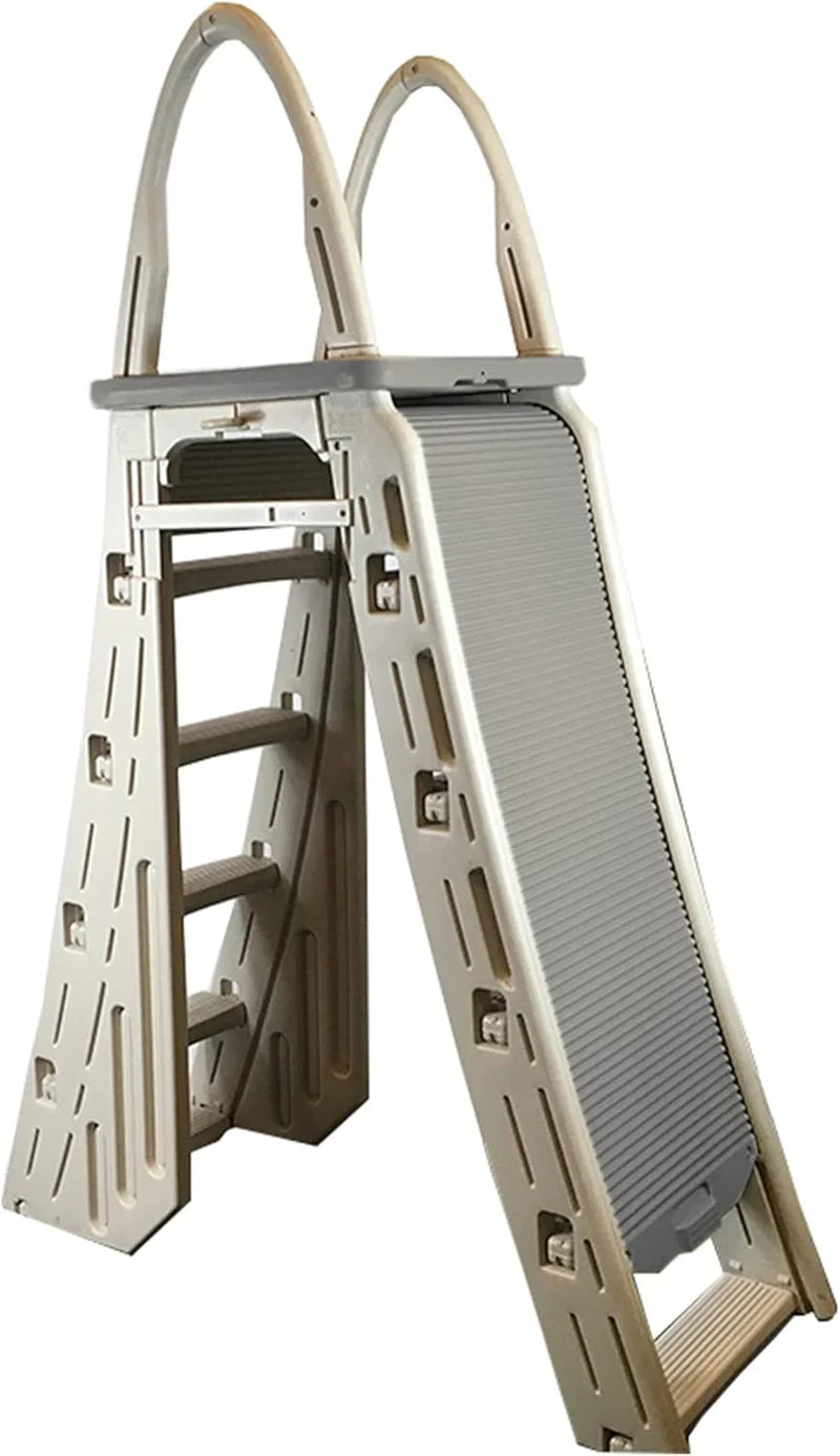 Confer Plastics 7200 Roll Guard 48" to 56" Adjustable A Frame Safety Ladder for Above Ground Outdoor Patio Swimming Pool Platform Ladder with Step Barrier, Warm Grey… K9083