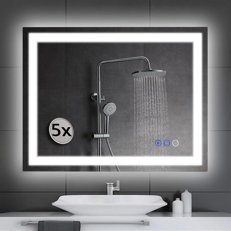 LED wall-mounted makeup mirror with lights - suitable for wall-mounted large makeup tables. Features intelligent touch buttons, anti-fog, water resistance, adjustable dimming, color adjustment, and magnifying glass function. Q7093
