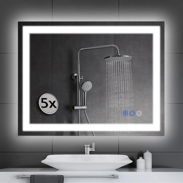 LED wall-mounted makeup mirror with lights - suitable for wall-mounted large makeup tables. Features intelligent touch buttons, anti-fog, water resistance, adjustable dimming, color adjustment, and magnifying glass function. L3503