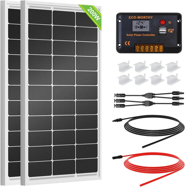 200 Watts 12 Volt/24 Volt Solar Panel Kit with High Efficiency Monocrystalline Solar Panel and 30A PWM Charge Controller for RV, Camper, Vehicle, Caravan and Other Off Grid Applications P5748
