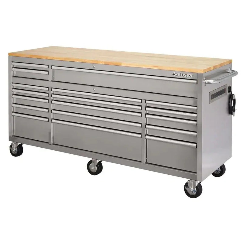 72 in 18-Drawer 24 in. D Mobile Workbench with Solid Wood Top Stainless Steel F5342