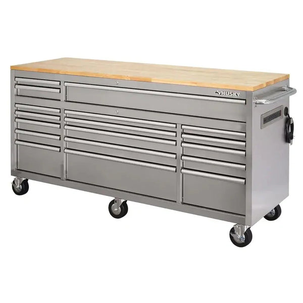 72 in 18-Drawer 24 in. D Mobile Workbench with Solid Wood Top Stainless Steel U2618