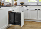 A double pull-out trash can suitable for the bottom of kitchen cabinets, with a capacity of 35 ounces (approximately 0.875 gallons), equipped with a gentle closing sliding mechanism, and in the color of Orison Gray.