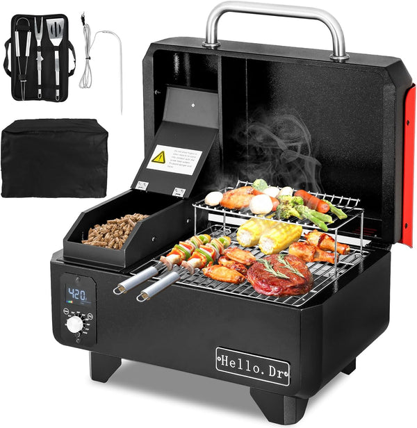 Portable Wood Pellet Grill and Smoker,Electric Outdoor 8 in 1 Tabletop Grills for RV Camping Tailgating RV Cooking BBQ, Intelligent Temperature Control and Superheated Steam Technology P8420