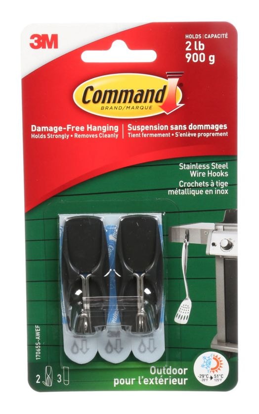 Adhesive Outdoor Wire Hooks with Adhesive Strips, Stainless Steel, 2-lbs, 2 Strips per Pack X6392