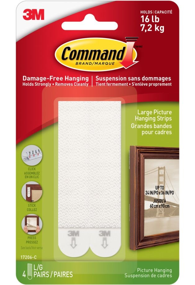 Large Adhesive Picture Hanging Strips, White, 16-lbs, 4 Strips per Pack J5587