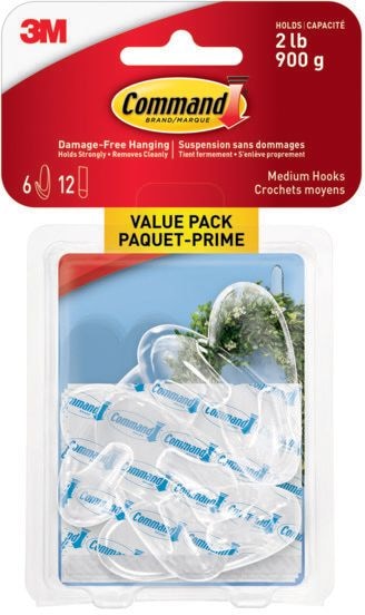 Medium Hooks Value Pack with Adhesive Strips, Clear, 2-lbs, 6 Strips per Pack E8483