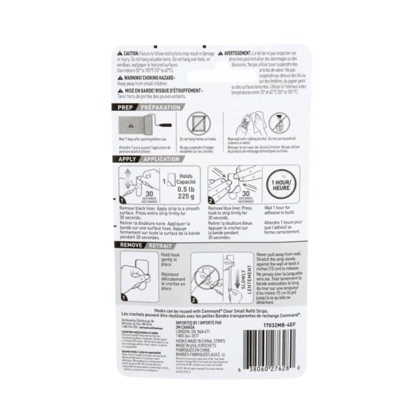 Small Decorative Hooks with Adhesive Strips, Matte Black, 0.5-lbs, 4 Strips per Pack O5921