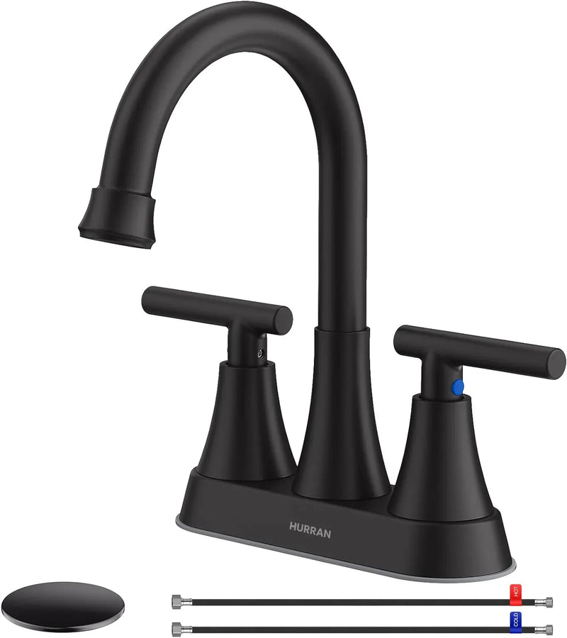 Bathroom Faucets for Sink 3 Hole, Hurran 4 inch Matte Black Bathroom Sink Faucet with Pop-up Drain U8968