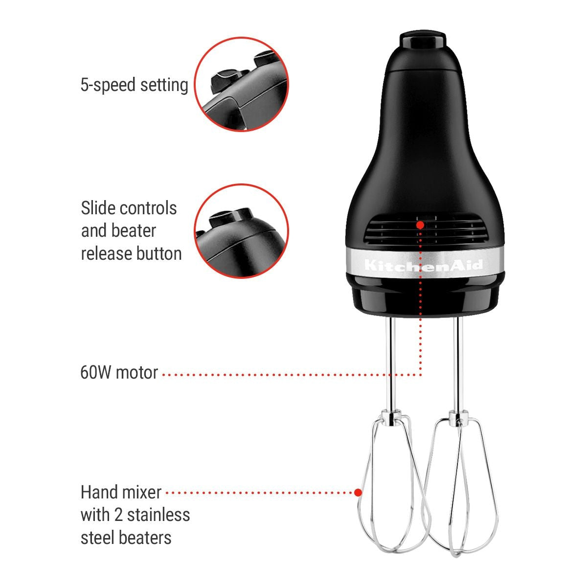 Compact 5-Speed Hand Mixer with Stainless Steel Accessories, Black