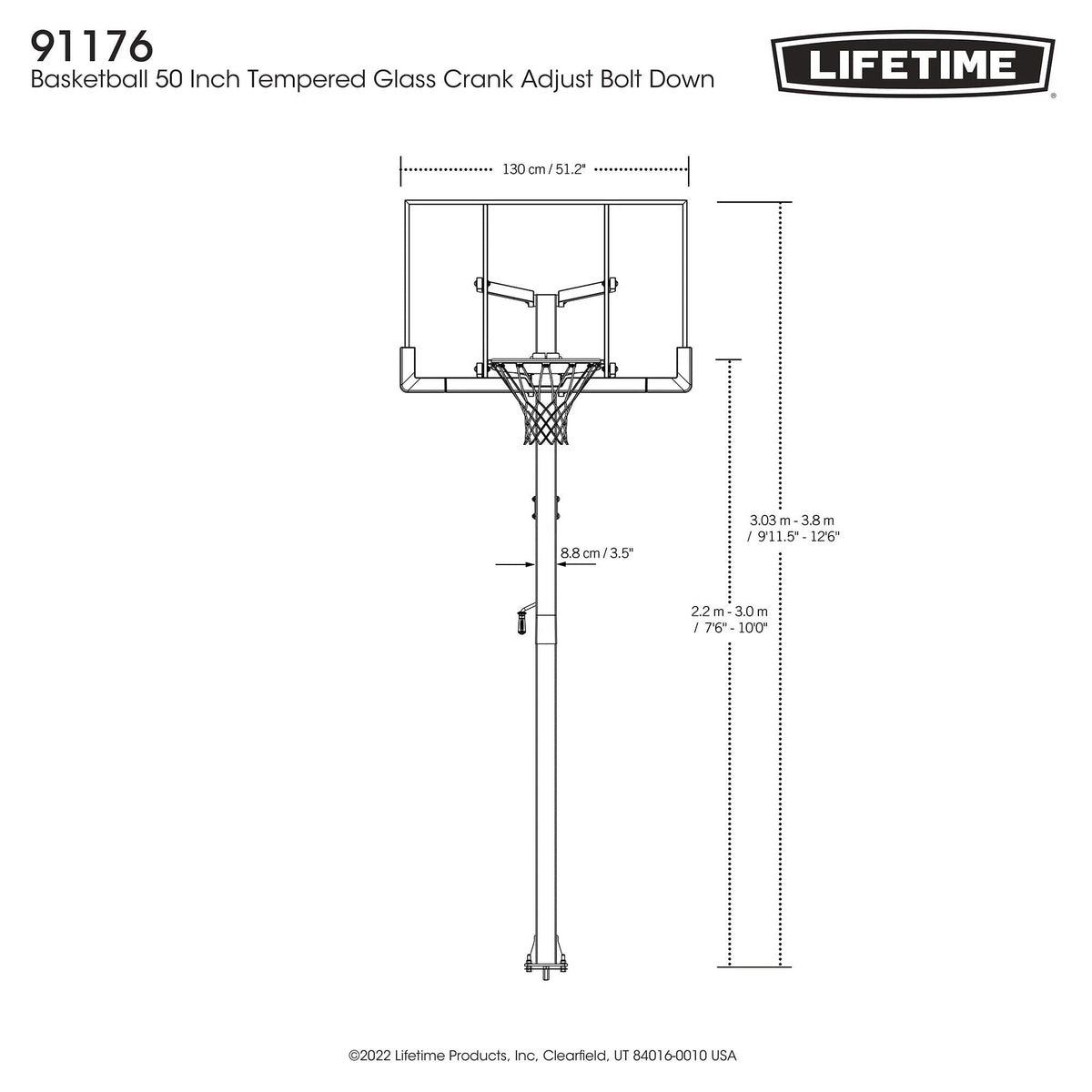 In-Ground Crank Adjust Bolt Down Outdoor Basketball Hoop, 50-in