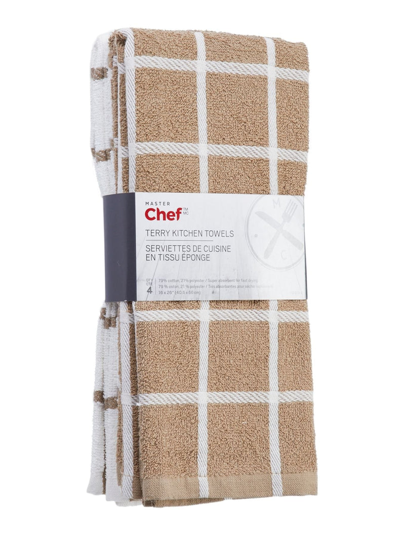 Terry Cotton Checkered Kitchen Towels, Reusable, 16-in x 26-in, 4-pk, Brown/White I1164