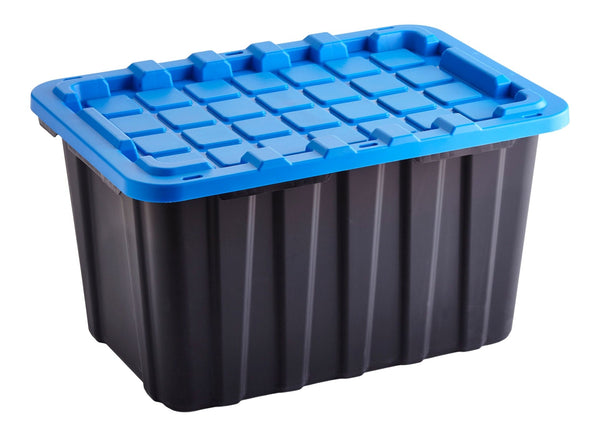 Heavy Duty Stackable Storage Box with Lid, 102-L, Black/Blue C1238