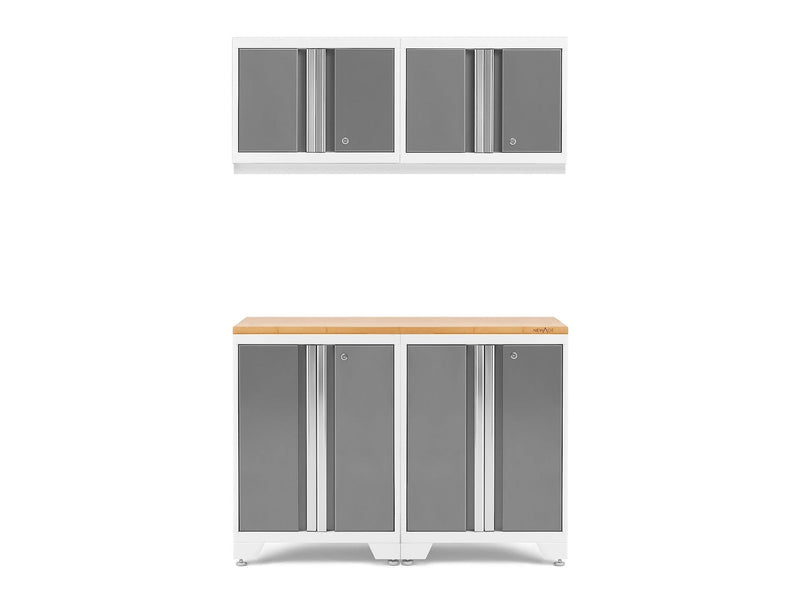 Bold 3.0 Series All-in-One Lockable Steel Garage Cabinetry Set with Bamboo Top, White/Platinum, 48-in x 18-in x 76.75-in, 5-pc T5019
