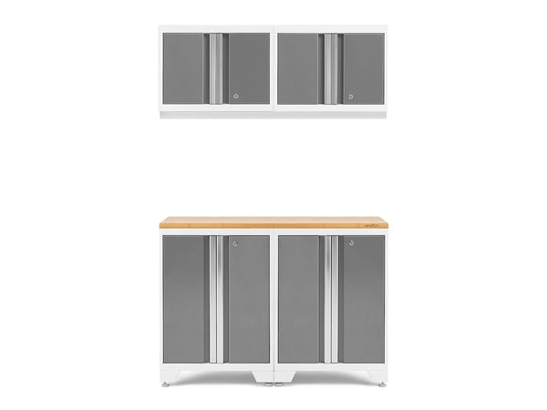 Bold 3.0 Series All-in-One Lockable Steel Garage Cabinetry Set with Bamboo Top, White/Platinum, 48-in x 18-in x 76.75-in, 5-pc L1186