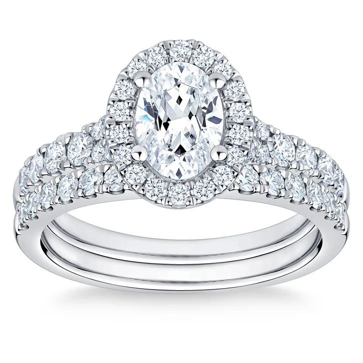 Oval Cut and Round Brilliant Diamond Halo Wedding Set (1.85 ctw) I9521