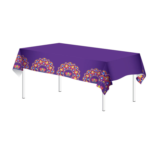 Patterned Rectangle Plastic Reusable Table Cover, Multi-Coloured, 51x87-in, for Diwali L4990